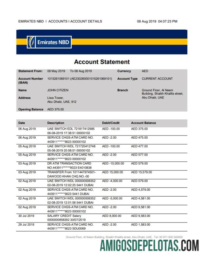 Exemplo de extrato bancário NBD dos Emirados Árabes Unidos Abu Dhabi Emirates.pdf